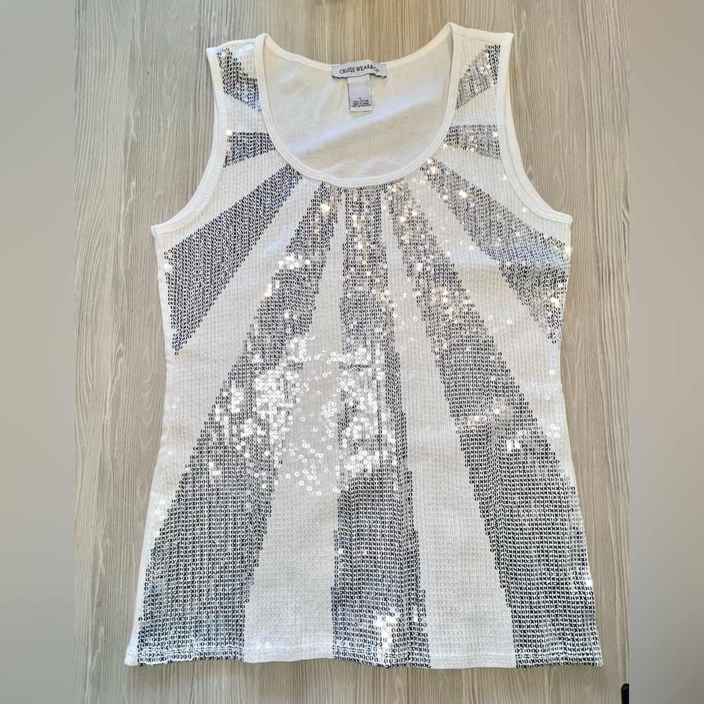 Cruise Wear & Co. Women’s White Sequin Tank Top Sleeveless Shirt Size Large